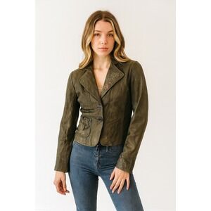 Tahari Leather Jacket Brown Floral Embroidered Women's Blazer Coat S‎